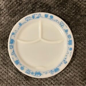 Vintage Pyrex child's divided milk glass plate with a blue "Kid's Train" pattern